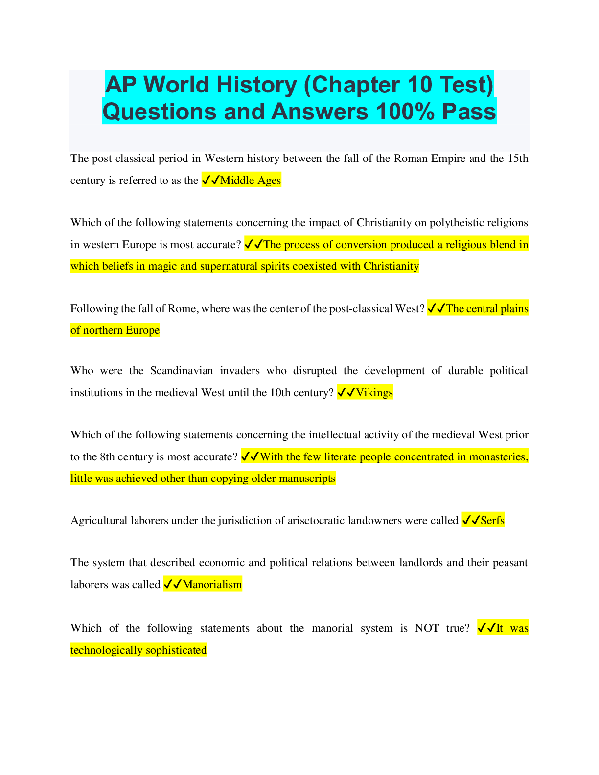 AP World History (Chapter 10 Test) Questions and Answers 100 Pass